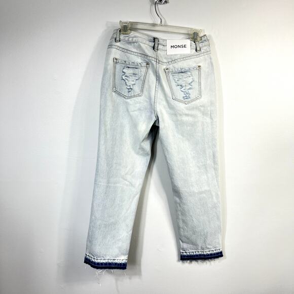 Monse Light Wash Distressed Patchwork High Rise Straight-Leg Jeans` - Picture 9 of 14